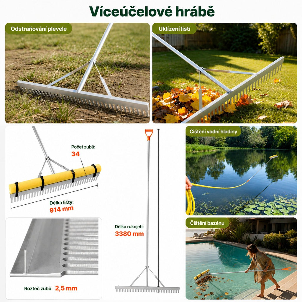 Hliníkový zahradní hrábě s širokou hlavou, dlouhou rukojetí a lanem, vhodné pro půdu, štěrk, zahradu, dvůr, rybník, pláž a trávník