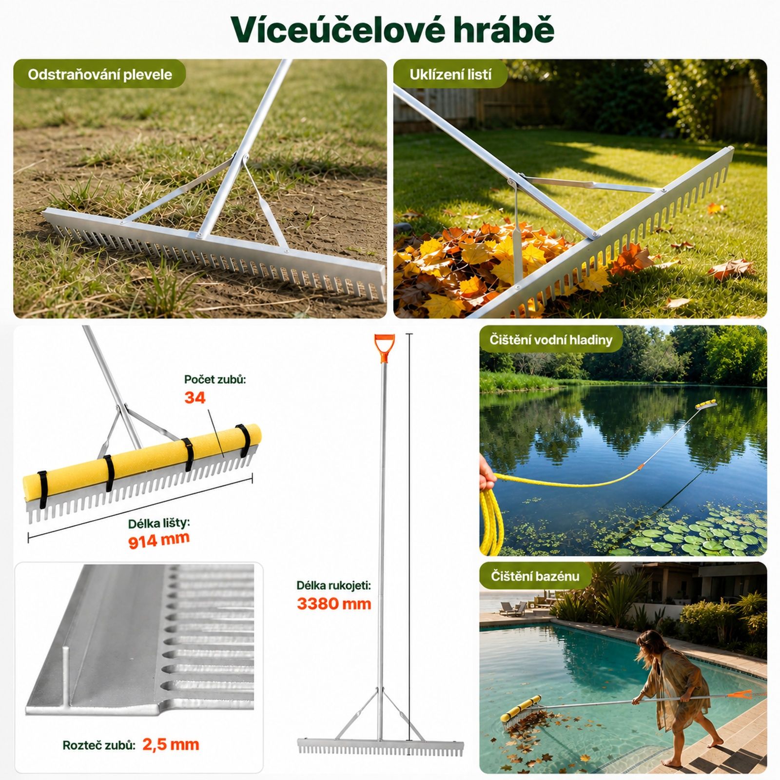 Hliníkový zahradní hrábě s širokou hlavou, dlouhou rukojetí a lanem, vhodné pro půdu, štěrk, zahradu, dvůr, rybník, pláž a trávník