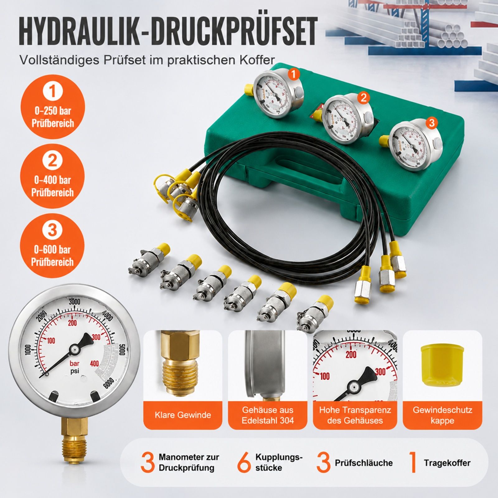 Hydraulikdruck Prüfset, 3 Manometer, 6 Testkupplungen, 3 Schläuche, Tragetasche, für Bagger Traktoren und Baumaschinen