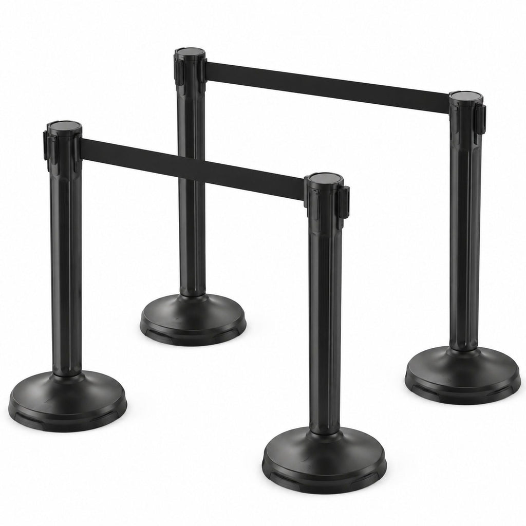 Set of 4 Black Queue Stanchions, Each with One Retractable Belt and Hollow Base for Sand Filling