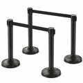 Set of 4 Black Queue Stanchions, Each with One Retractable Belt and Hollow Base for Sand Filling