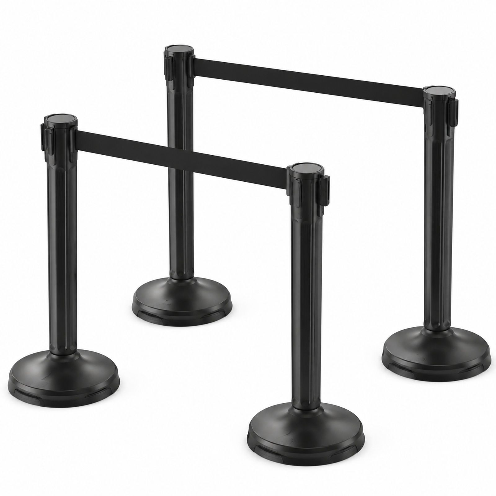 Set of 4 Black Queue Stanchions, Each with One Retractable Belt and Hollow Base for Sand Filling
