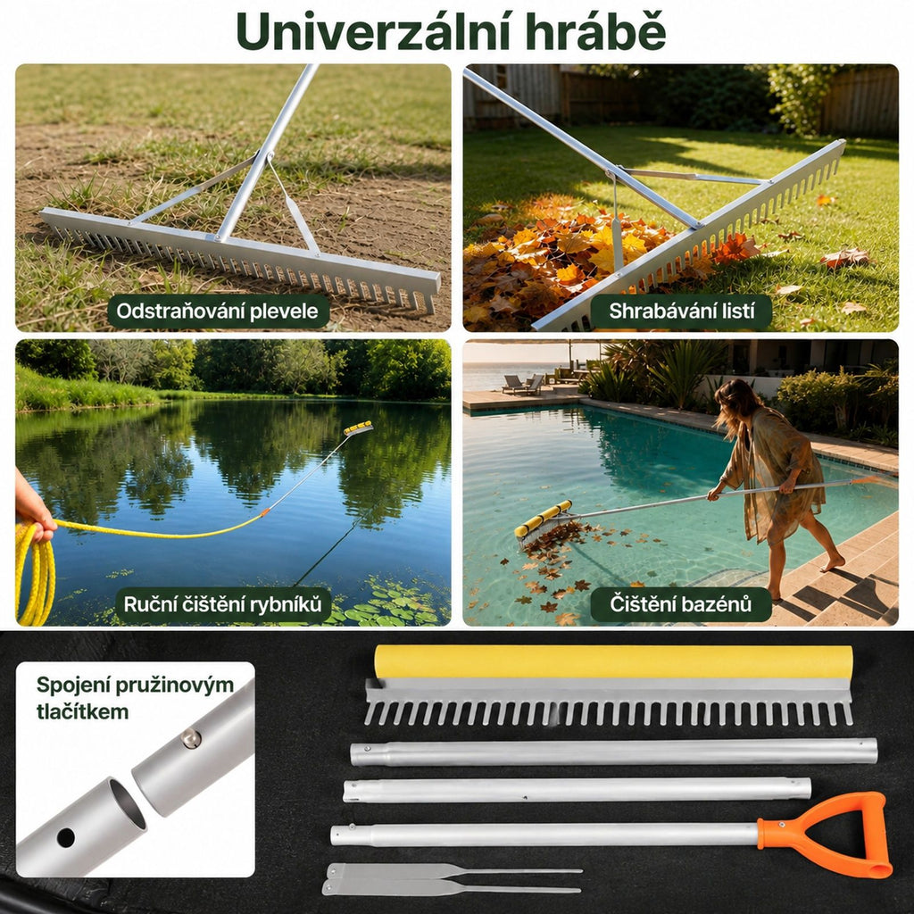 Hliníkový zahradní hrábě s širokou hlavou, dlouhou rukojetí a lanem, vhodné pro půdu, štěrk, zahradu, dvůr, rybník, pláž a trávník
