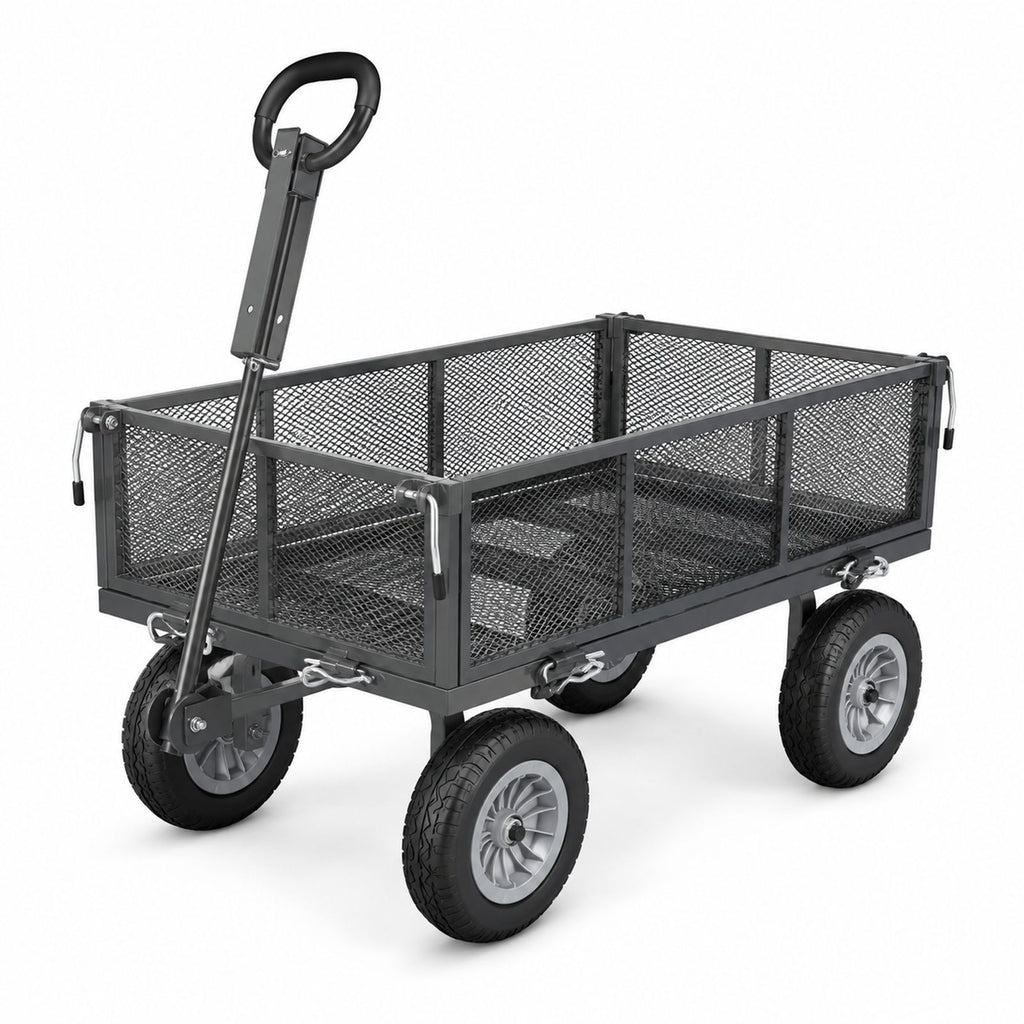 Steel garden cart, 900 lb load capacity, tires, adjustable handle, removable side panels, attachment to ATV or tractor, black