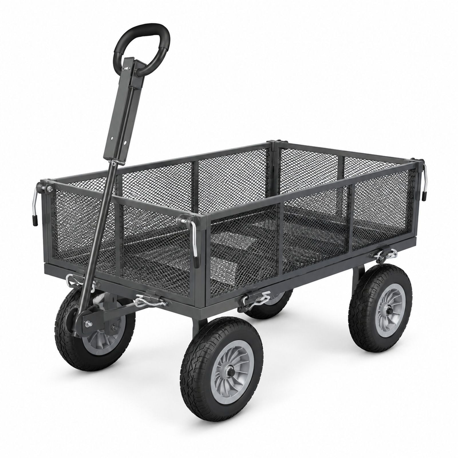 Steel garden cart, 900 lb load capacity, tires, adjustable handle, removable side panels, attachment to ATV or tractor, black