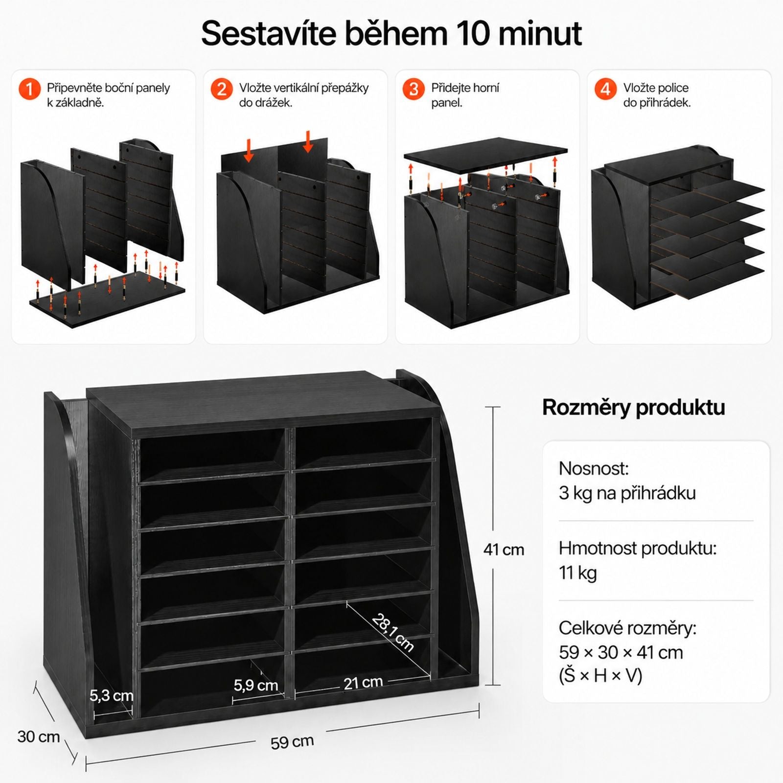 Black Particleboard Document Organizer with 12 Compartments and Vertical Folder Section for Office, Classroom, Books, Files and Paper