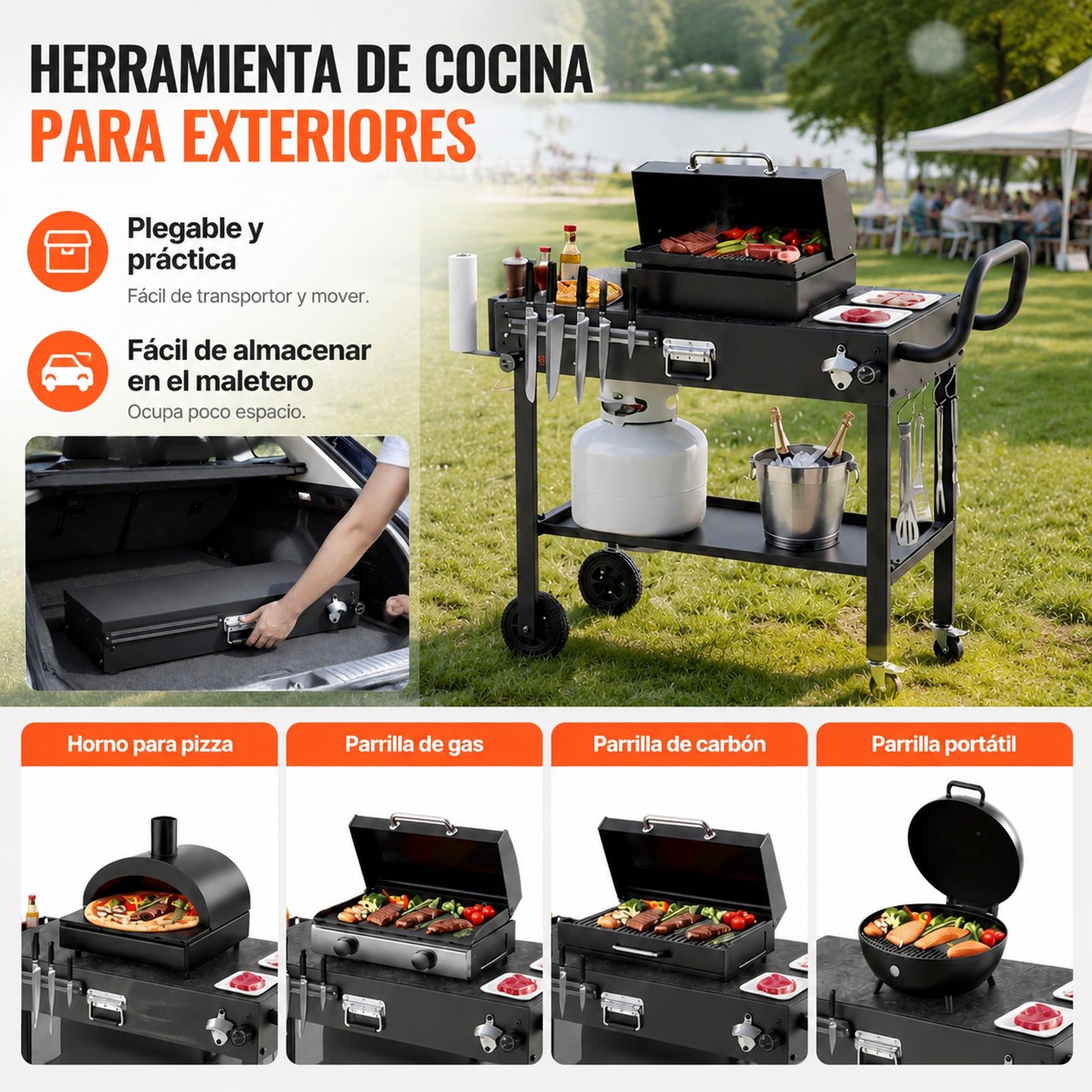 Carrito de barbacoa plegable con ruedas, portarrollos y soporte magnético para herramientas, para jardín, picnic o cocina