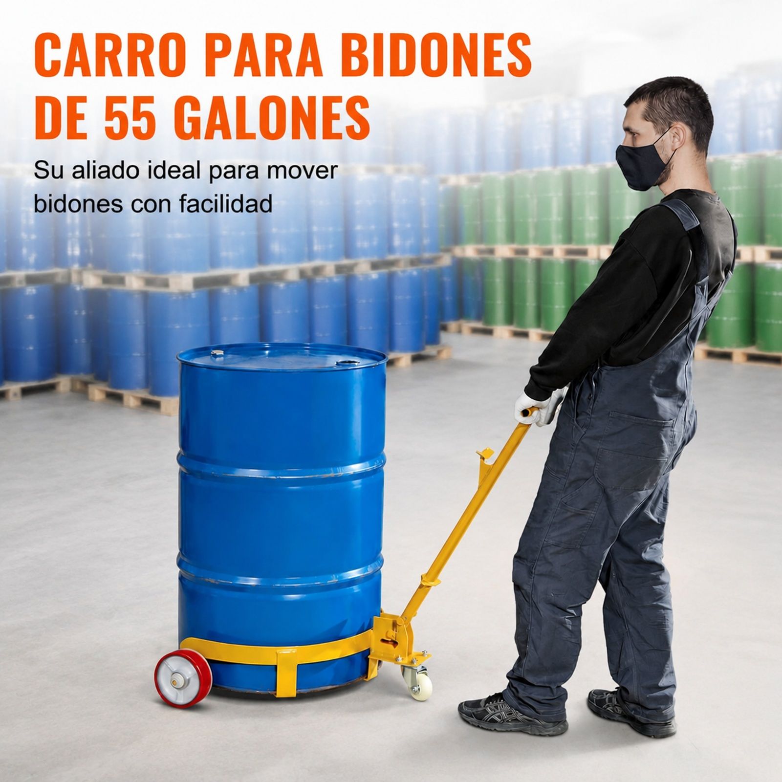 Carro portabidones 250 L, bastidor de acero, mango ajustable, 1 rueda giratoria, 2 ruedas guía, para taller almacén fábrica