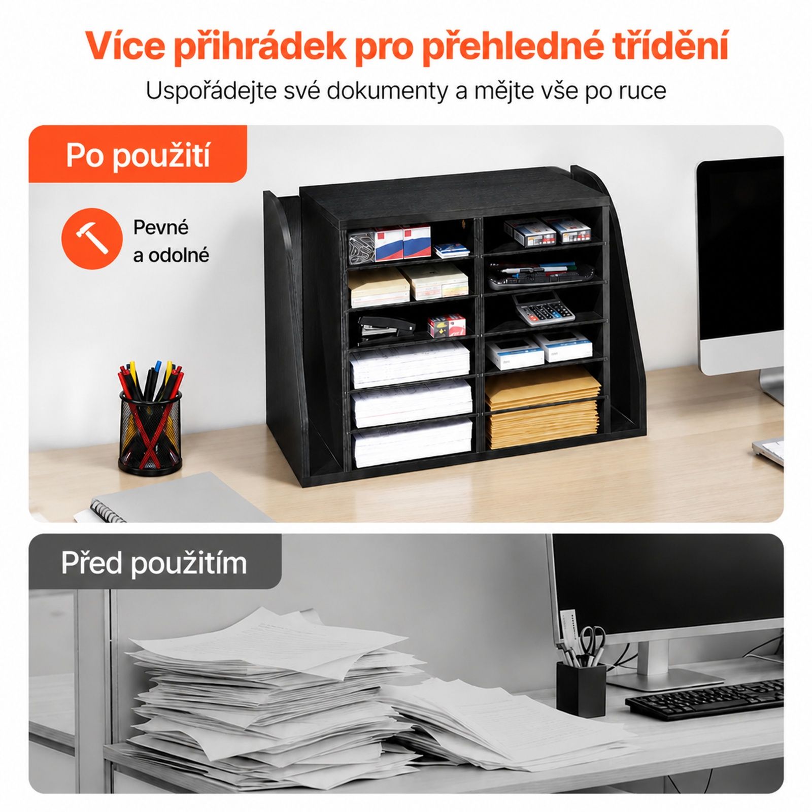 Black Particleboard Document Organizer with 12 Compartments and Vertical Folder Section for Office, Classroom, Books, Files and Paper