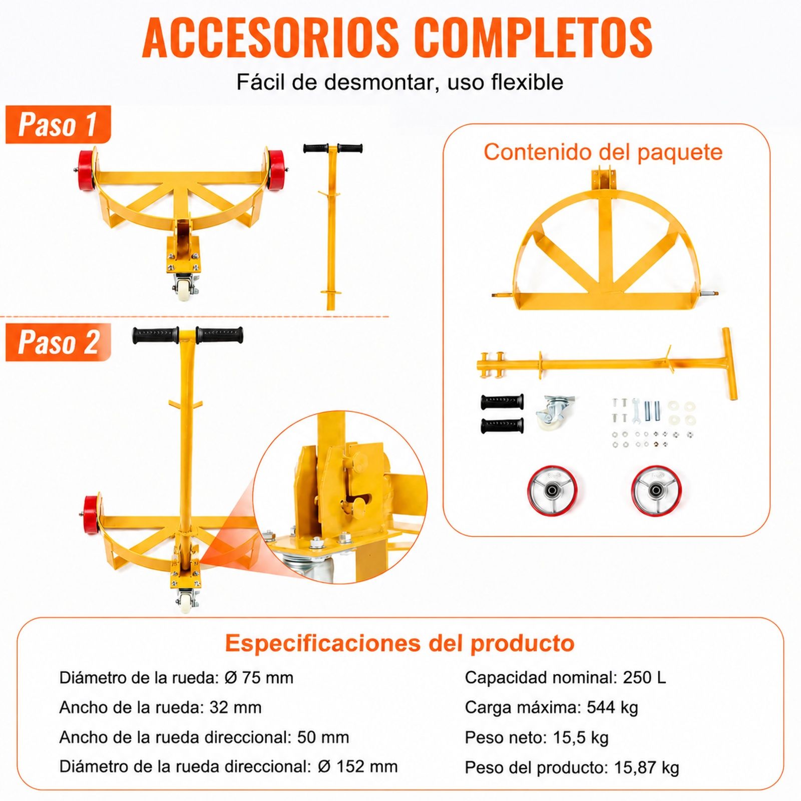 Carro portabidones 250 L, bastidor de acero, mango ajustable, 1 rueda giratoria, 2 ruedas guía, para taller almacén fábrica