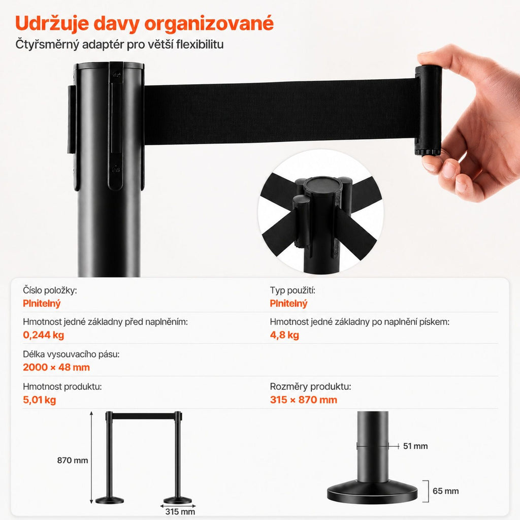 Set of 4 Black Queue Stanchions, Each with One Retractable Belt and Hollow Base for Sand Filling