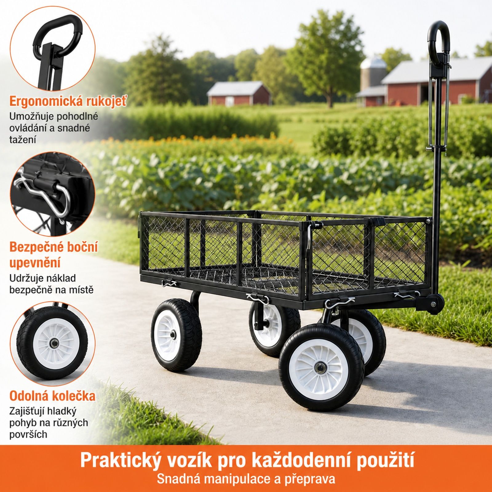 Steel garden cart, 900 lb load capacity, tires, adjustable handle, removable side panels, attachment to ATV or tractor, black