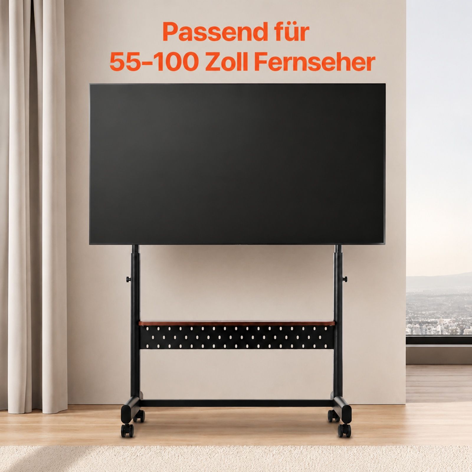 TV Rollständer, mobiler Fernsehwagen für Flachbildschirm mit Ablage, Wohnzimmer Büro Konferenzraum