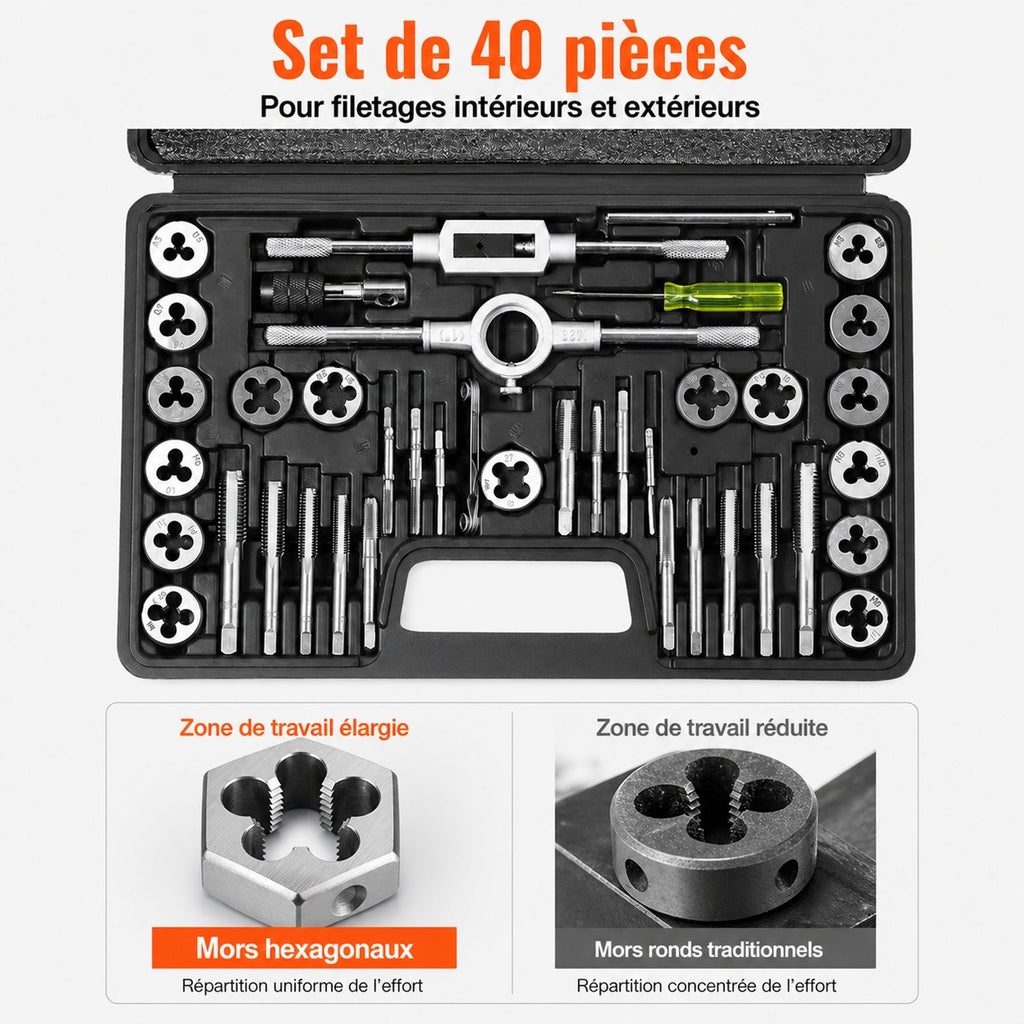 Coffret de tarauds et filières 40 pièces en acier, kit métrique pour taraudage et filetage avec mallette de transport, pour construction, réparation auto et plomberie