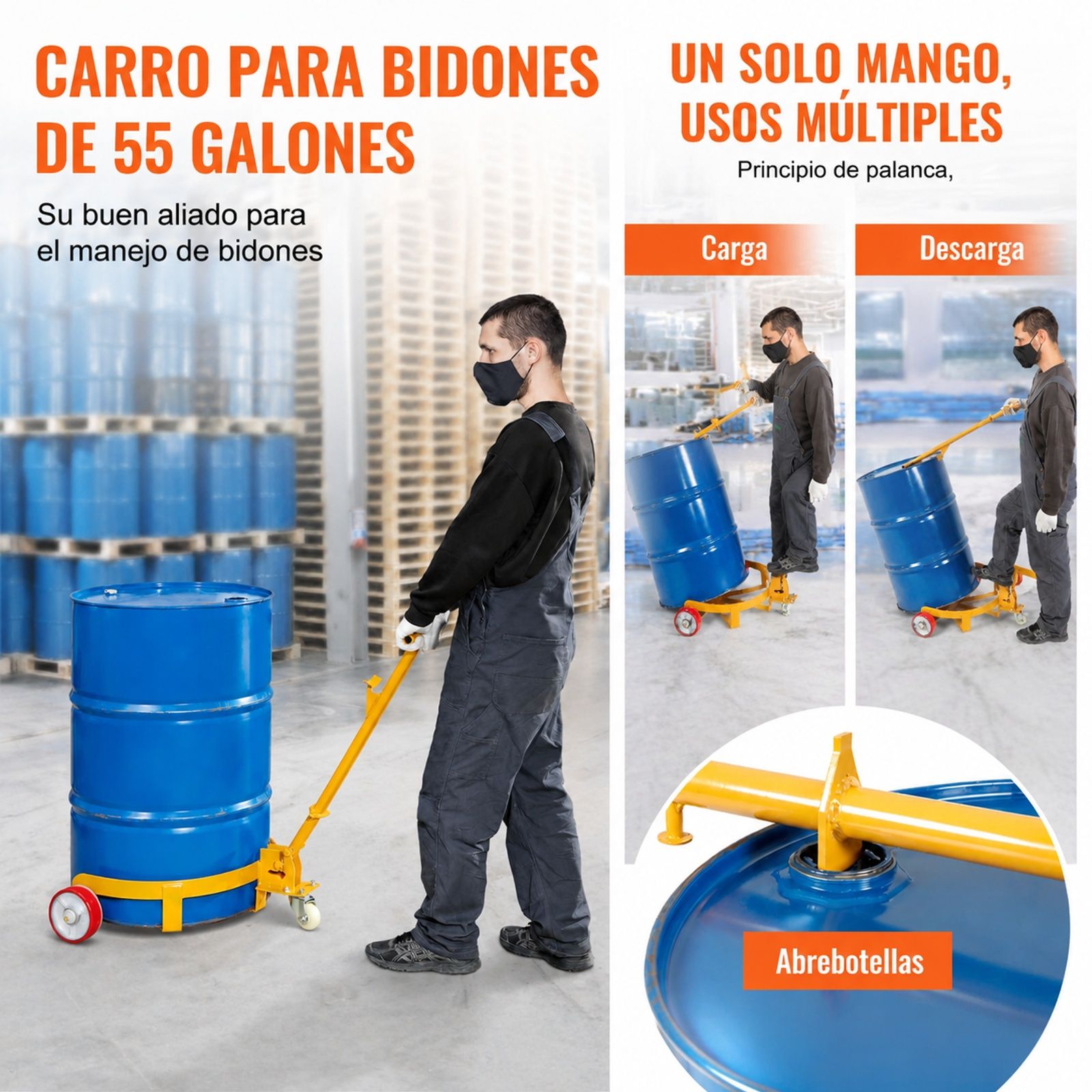 Carro portabidones 250 L, bastidor de acero, mango ajustable, 1 rueda giratoria, 2 ruedas guía, para taller almacén fábrica