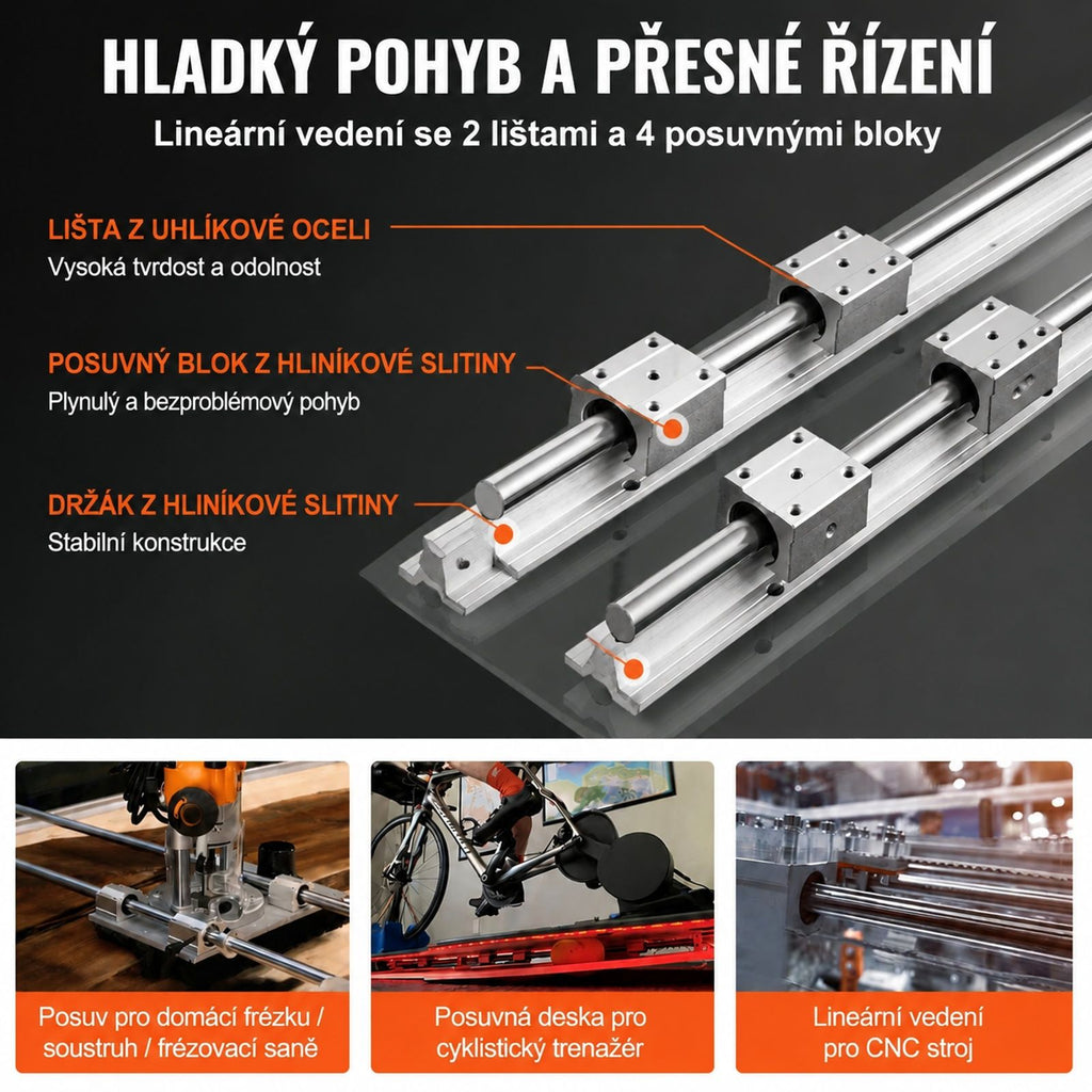 Linear guide rail set with 2 rails and 4 slide blocks, for automated machines, CNC router and 3D printer