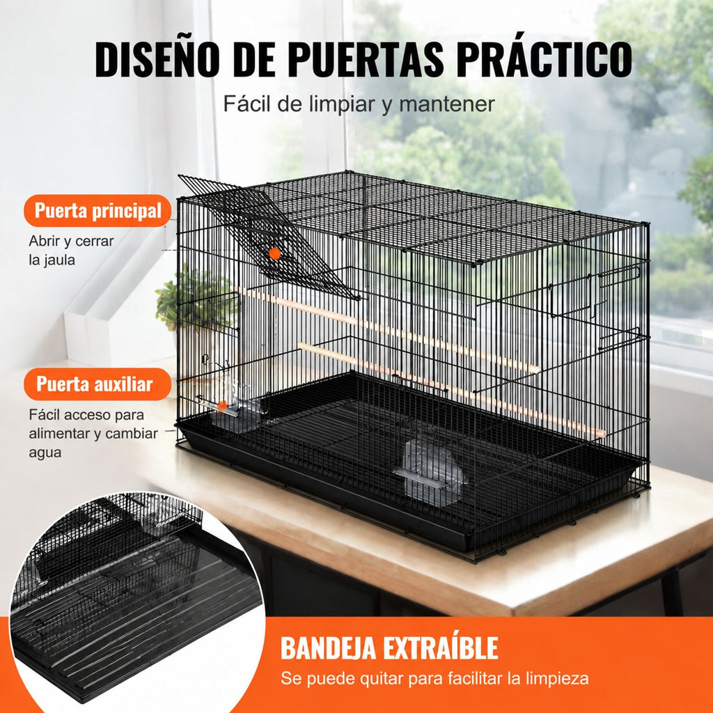 Jaula de vuelo metálica para pájaros pequeños, cacatúas y loros con asa lateral, bandeja extraíble, perchas y comederos
