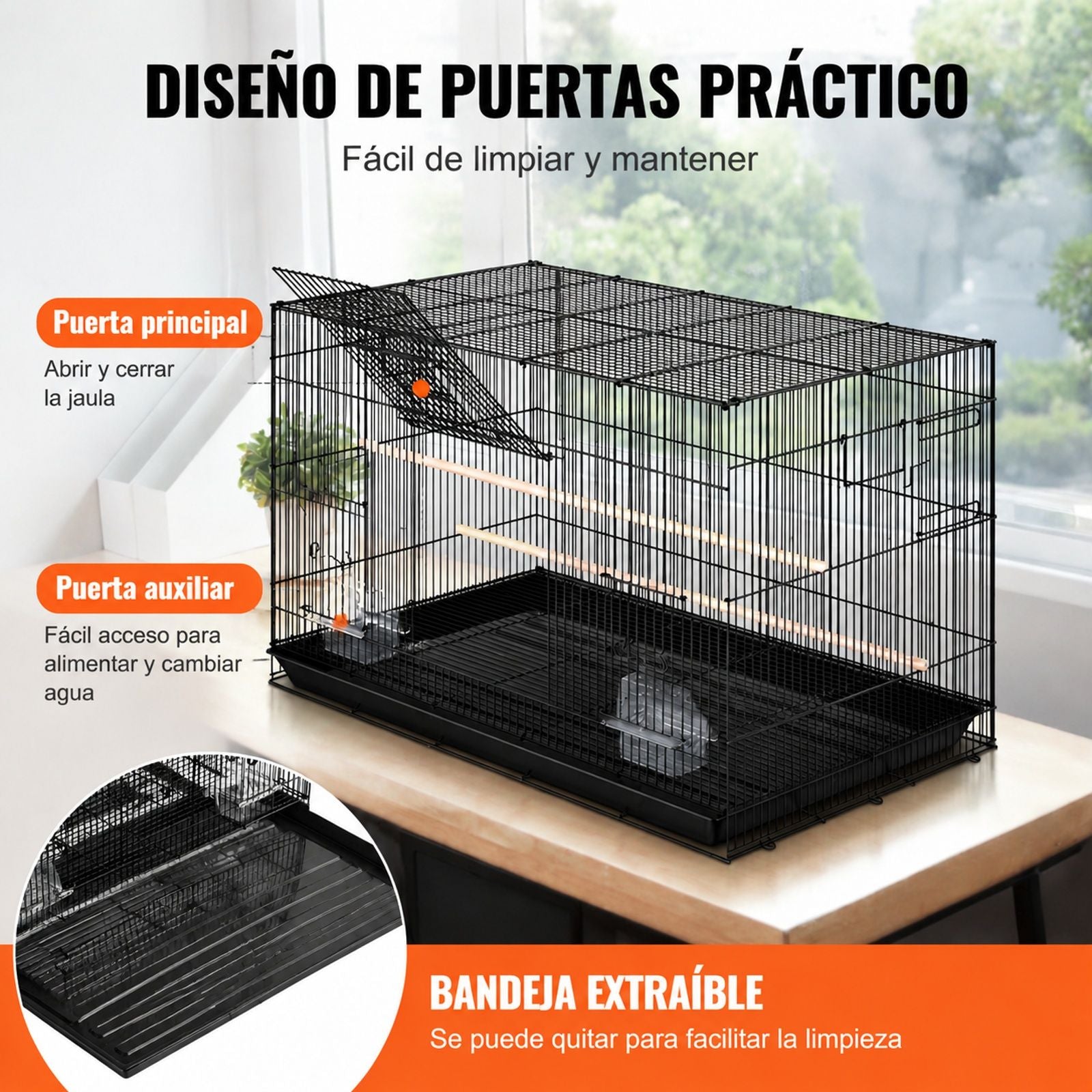 Jaula de vuelo metálica para pájaros pequeños, cacatúas y loros con asa lateral, bandeja extraíble, perchas y comederos