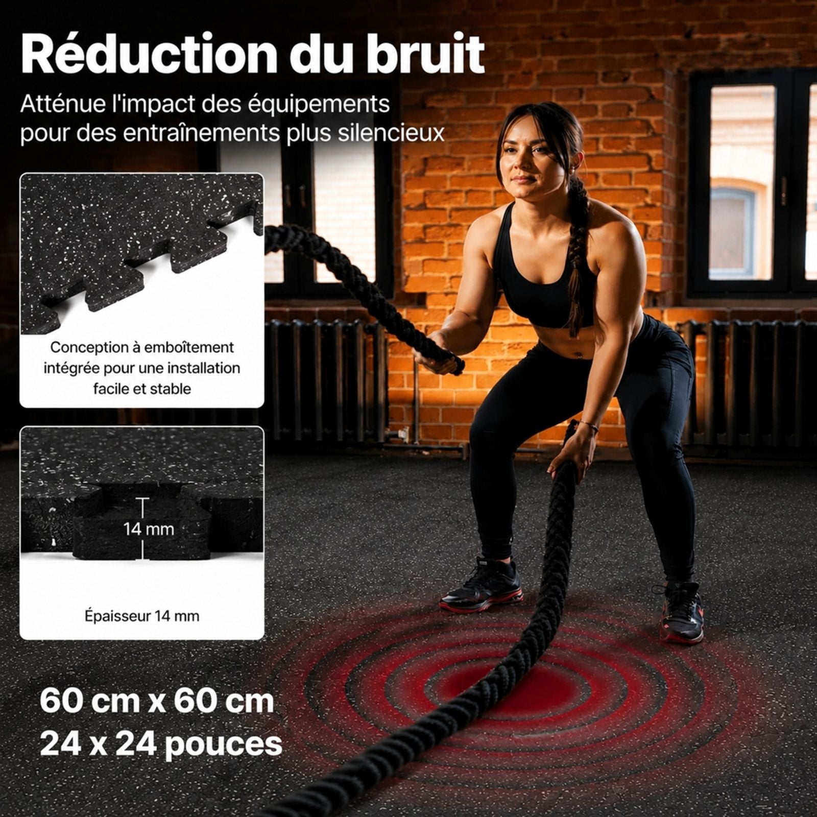 6 pièces Tapis puzzle fitness en mousse EVA, noir à pois gris, emboîtable, pour salle de sport, maison, bureau