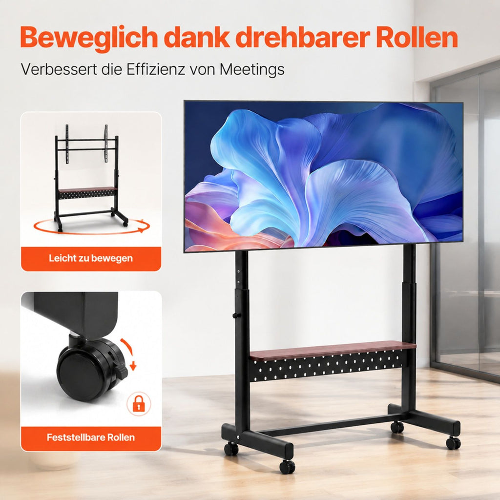 TV Rollständer, mobiler Fernsehwagen für Flachbildschirm mit Ablage, Wohnzimmer Büro Konferenzraum